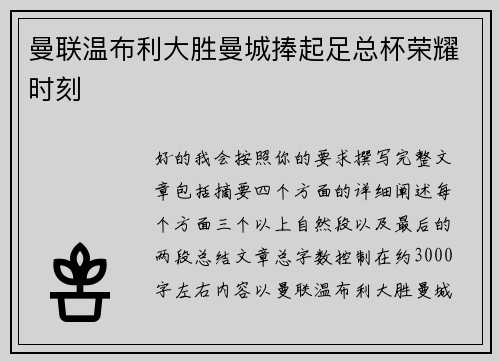 曼联温布利大胜曼城捧起足总杯荣耀时刻